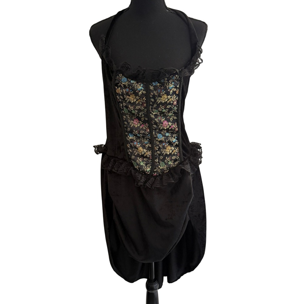 Underwraps Black Velvet Floral Corset Halter Dress L Gothic Glam Romantic Punk